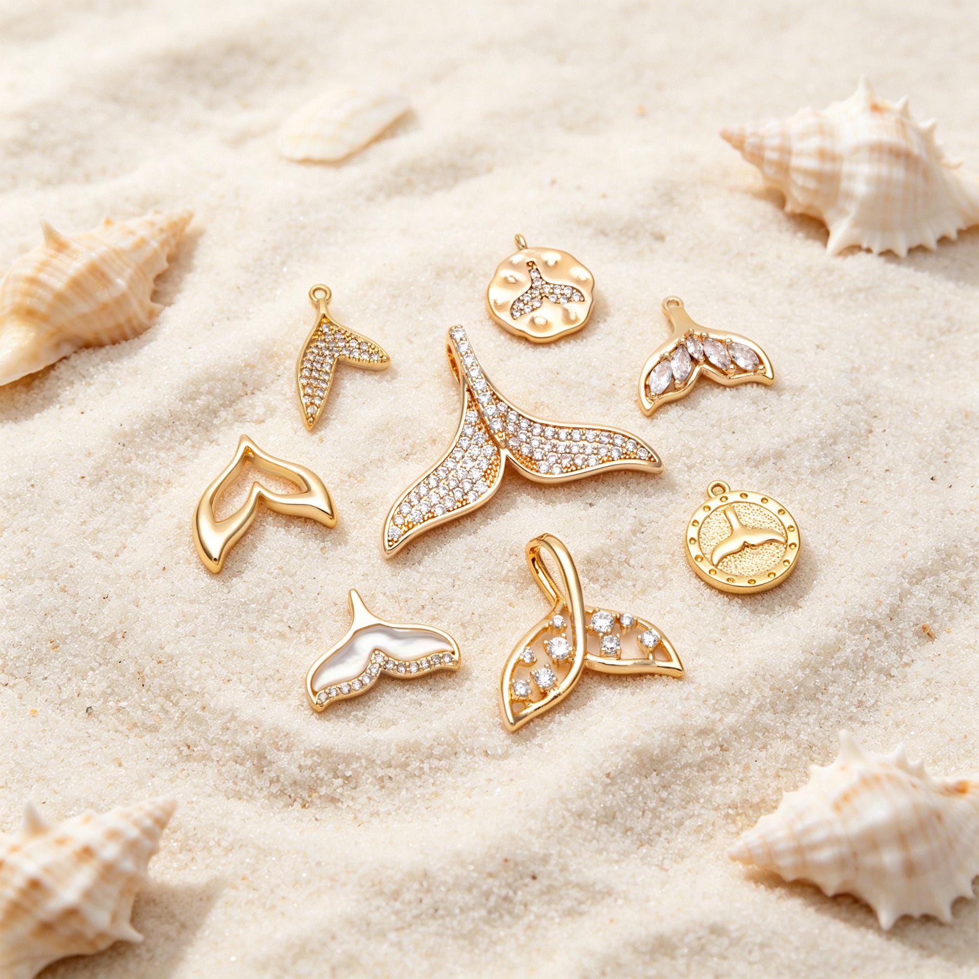 4pcs Gold Whale Tail Charms , Real Gold plated Brass, Mermaid Tail Pendants (GB-1156)